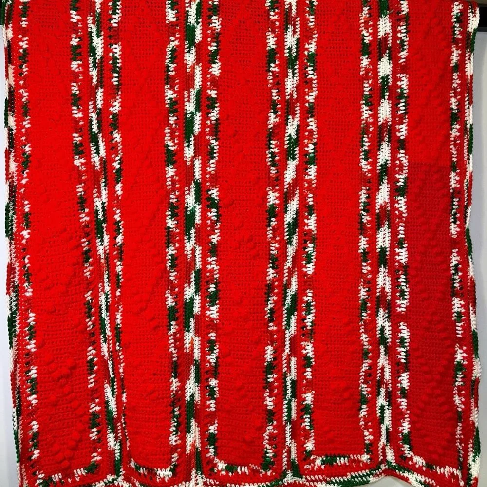 Vintage Christmas Crochet Granny Afghan Blanket Throw Candy Cane Stripe 66”x48”